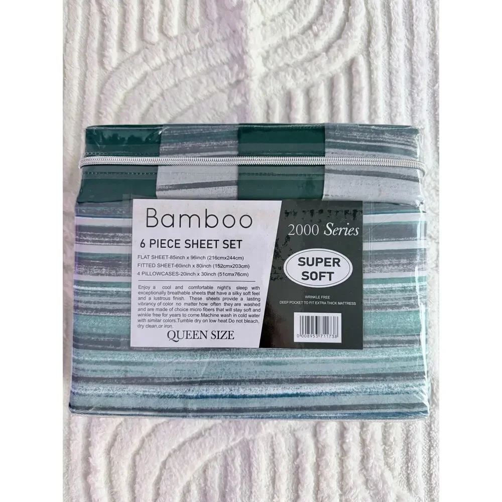Organic Earth Bella Home 6 Piece Queen Sheet Set striped Multi Color Blues/green